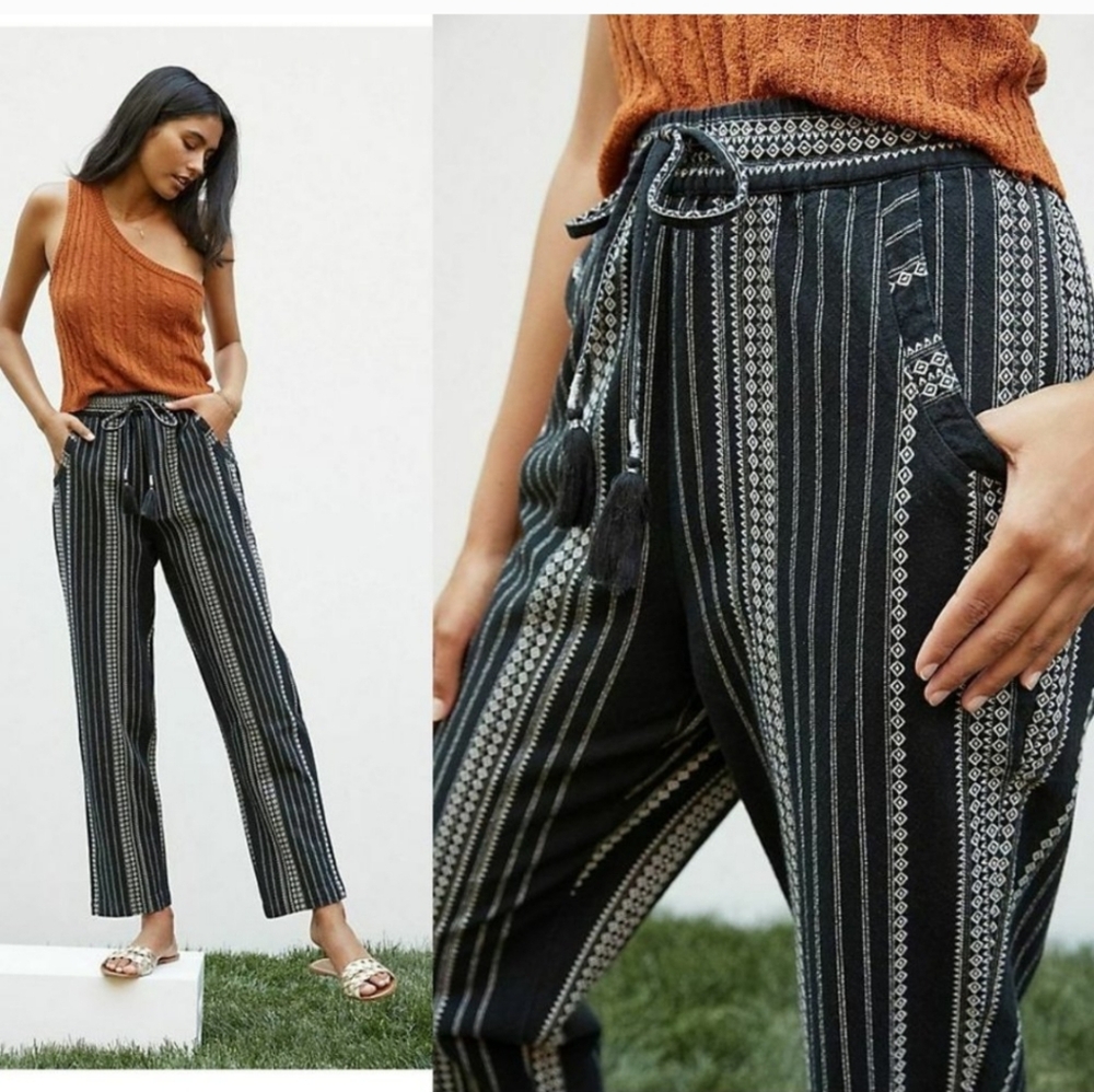 ANTHROPOLOGIE Essential Cotton-Weave Drawstring Beach Pant Black/White Medium